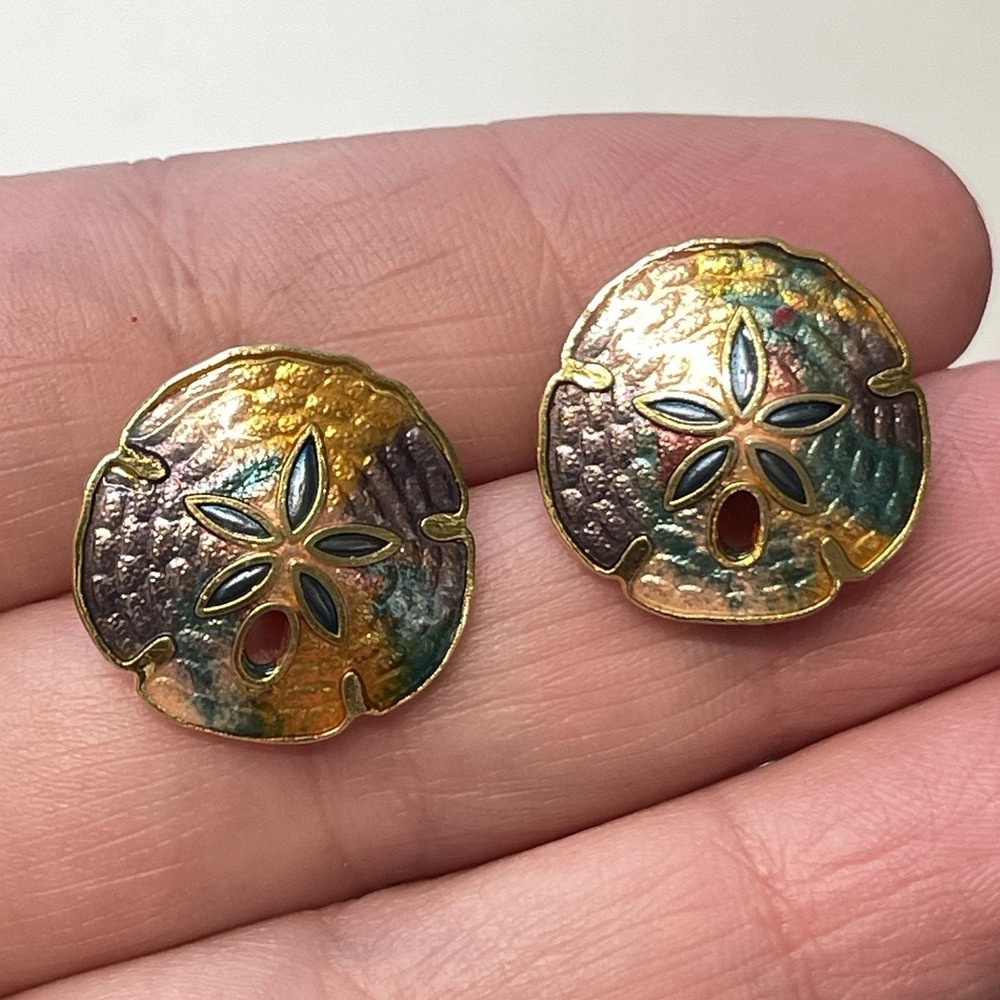 Vintage Cloisonne Sand Dollar Purple Orange Enamel Gold Tone Stud Post Earrings
